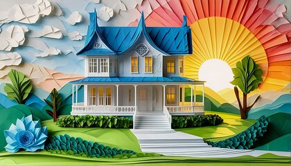 Fototapeta premium A colorful paper cutout of two houses on hills with sunburst and flower details.