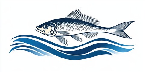 Naklejka premium Fish swimming in a stylized blue wave, showcasing intricate details and vibrant color