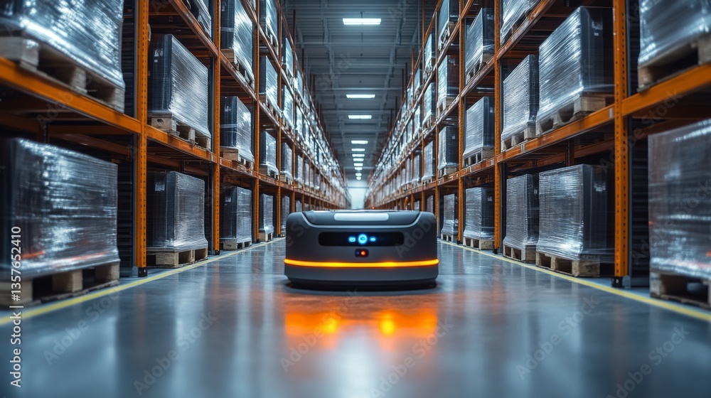 Poster A robot moves along the polished floor of a spacious warehouse lined with tall shelves stacked with pallets, optimizing distribution and storage processes during operations.