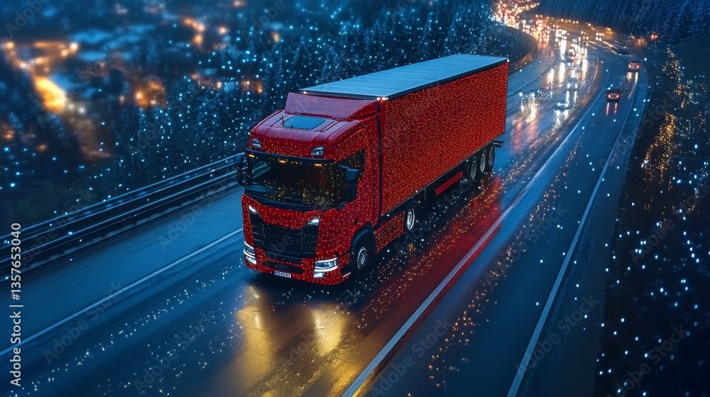 Poster a large red truck travels along a wet highway at night, with bright lights reflecting off the paveme