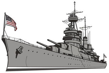 17 Naval battleship, grey steel hull, massive artillery guns, command tower, radar equipment, American flag, wartime vessel, military ship, maritime warfare, naval history, detailed metalwork, weather