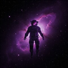 Naklejka premium Artificial Intelligence Image: Purple and black astronaut floats in space, mystery, vastness, solitude, admiration.