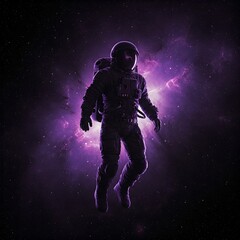 Fototapeta premium Artificial Intelligence Image: Purple and black astronaut floats in space, mystery, vastness, solitude, admiration.
