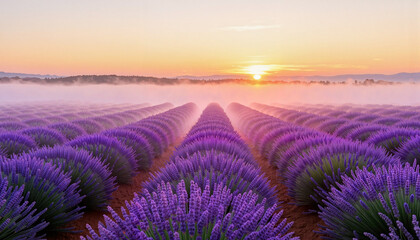 Obraz premium Misty lavender field at dawn, serene natural beauty