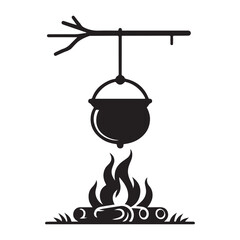 Cauldron Hanging On Branch above Campfire Silhouette Art