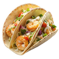 Delicious shrimp tacos filled with fresh vegetables and creamy sauce, perfect for a flavorful meal.