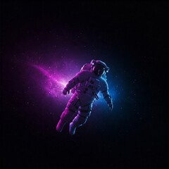 Fototapeta premium Artificial Intelligence Image: Purple and black astronaut floats in space, mystery, vastness, solitude, admiration.