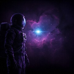 Artificial Intelligence Image: Purple and black astronaut floats in space, mystery, vastness, solitude, admiration.