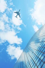 Fototapeta premium Modern glass building with airplane flying above, symbolizing travel, business, global connection and corporate architecture in urban environment, Generative AI