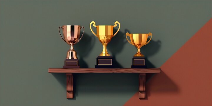 Three elegant trophies displayed on a wooden shelf against a green and brown background.