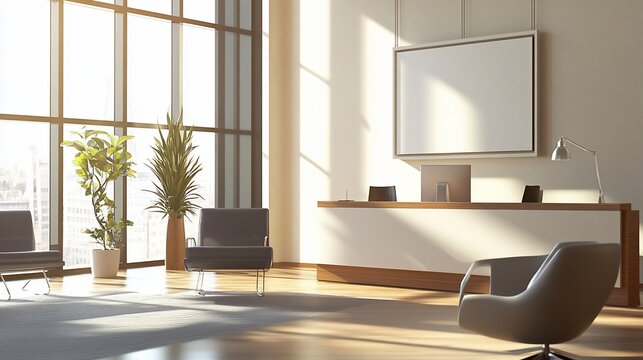 Sunlit corporate reception area exudes modern elegance and sophistication