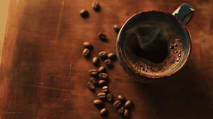 Cup of coffee in ceramic mug on a rustic wooden surface with coffee around