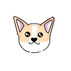 A cute cartoon illustration of a Corgi dog's face with big sparkling eyes, upright ears, and a heart-shaped nose. The drawing uses soft pastel colors and has a playful, friendly expression.
