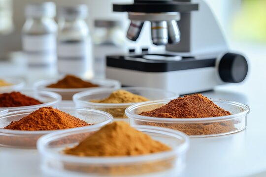 Colorful powder pigments displayed in petri dishes with labeled jars in background, laboratory scene for chemical research and dye material analysis, Generative AI