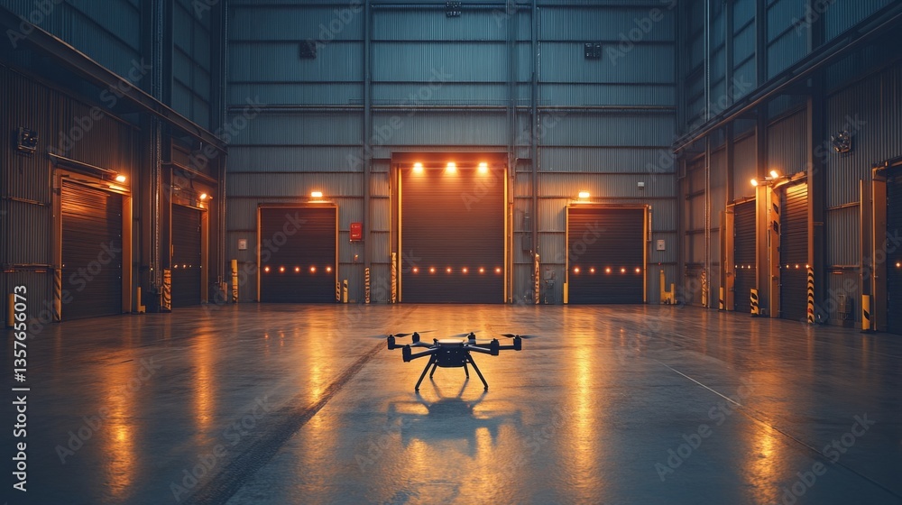Aufkleber a drone sits in the center of a spacious warehouse, preparing for logistics tasks under soft lightin
