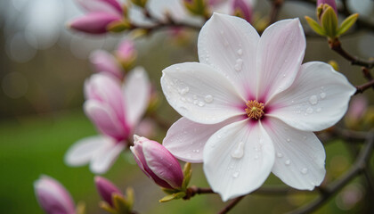 Obraz premium Magnolia bloom with raindrops on a rainy day, nature's beauty