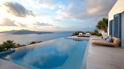 Fototapeta premium Infinity pool with luxurious seaside view at sunset, modern white villa overlooking tranquil ocean and peaceful horizon with Mediterranean ambiance, Generative AI