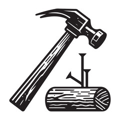 Hammer and Nailed Log Vector Illustration Carpentry Repair Design