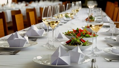 Fototapeta premium a long table set with wine glasses and salads at a fancy restaurant.