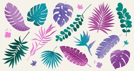 Abstract tropical leaf set. Botanical collection for decoration, bright, purple, green, pink, lilac color, with grain gradient texture. © Tati Star