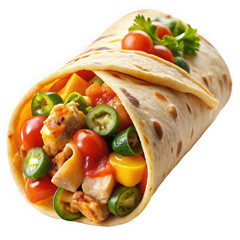 A deliciously filled chicken burrito with colorful vegetables, showcasing a vibrant mix of tomatoes, jalapeños, and melted cheese, garnished with fresh cilantro.