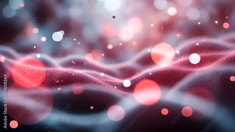 Poster abstract red bokeh wave lines background with glowing circles and particles