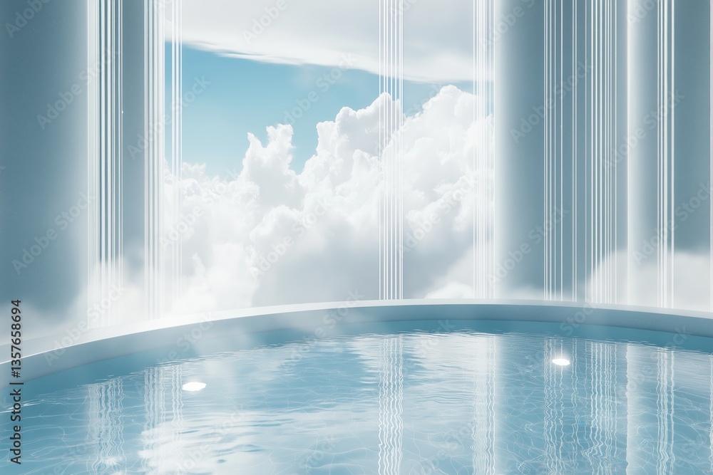 Poster futuristic spa pool with view above the clouds, calm blue water surrounded by ethereal sky and white