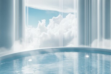 Futuristic spa pool with view above the clouds, calm blue water surrounded by ethereal sky and white architectural columns, dreamlike relaxation space, Generative AI
