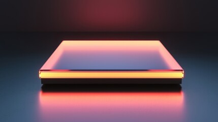 Minimalist tech design and elegance interface, A sleek, illuminated platform with vibrant orange and purple lighting effects against a dark background, creating a modern aesthetic.