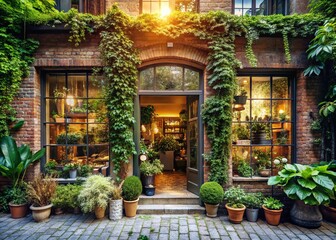 Modern Storefront Design with Lush Greenery and Rustic Brick Exterior - Landscape Photography