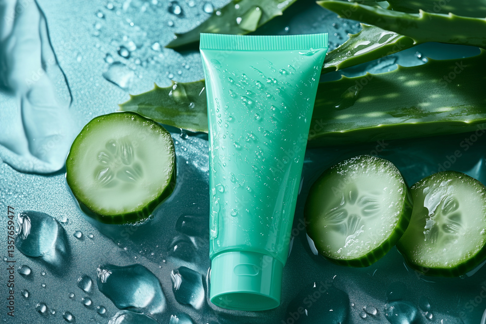 Poster green tube of lotion sits on a table next to cucumber slices. the cucumber slices are surrounded by 