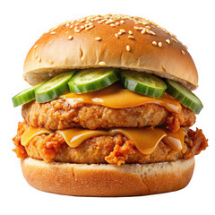 Delicious double fried chicken sandwich with melted cheese and fresh cucumber slices, all nestled in a sesame seed bun.