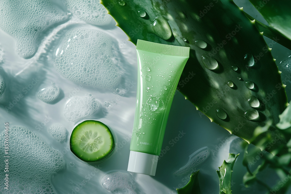 Poster green tube of lotion sits on a table next to a cucumber. the cucumber is cut in half and placed on t