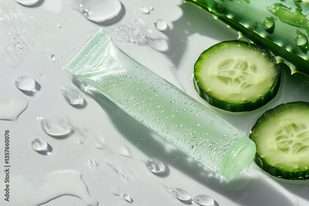 Poster tube of lotion is placed on a table next to a cucumber and a cucumber slice. the lotion is green and