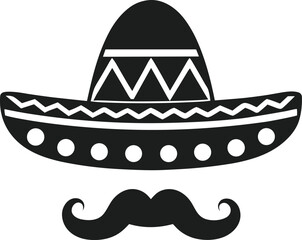 Traditional Mexican Sombrero and Mustache Silhouette Icon