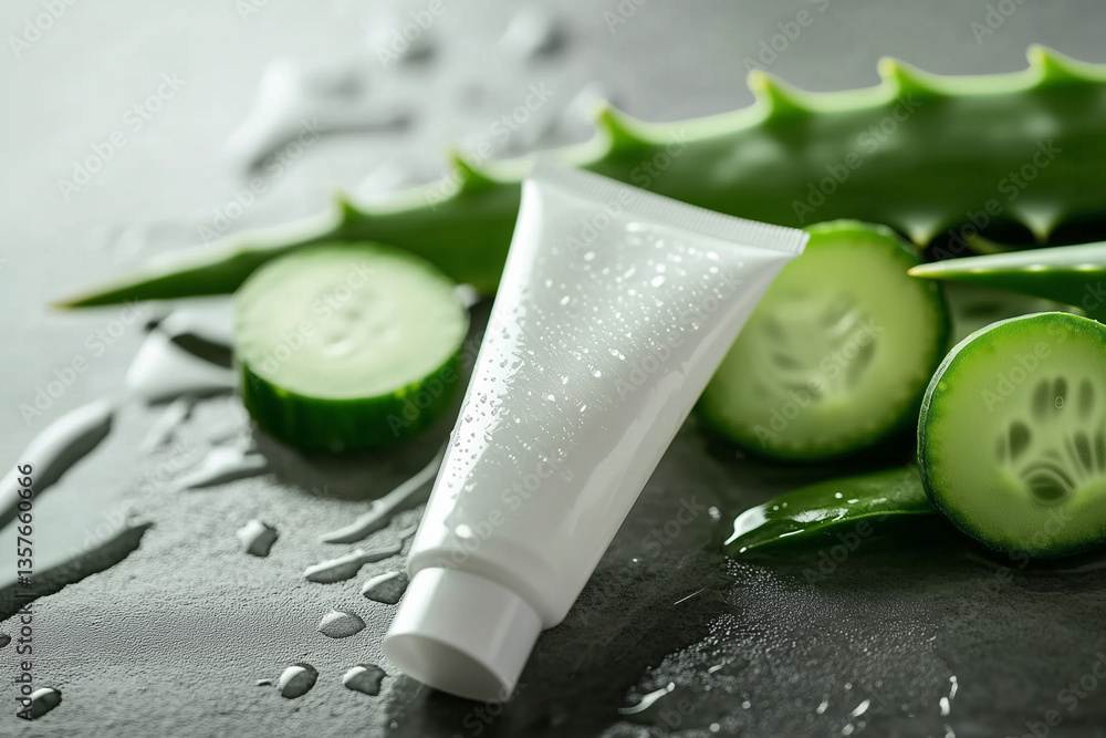 Poster tube of white cream sits on a table next to cucumber slices. the cucumber slices are arranged in a w