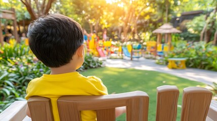 Fototapeta premium Boy sitting, looking at playground.