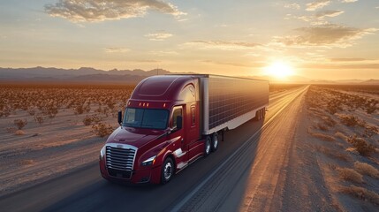 A logistics truck travels along an empty desert road during sunrise. The truck is pulling a large trailer, highlighting the transport of freight across vast landscapes.