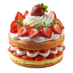 A delicious strawberry shortcake featuring layers of fluffy sponge cake, creamy whipped topping, and fresh strawberries, perfect for any celebration.