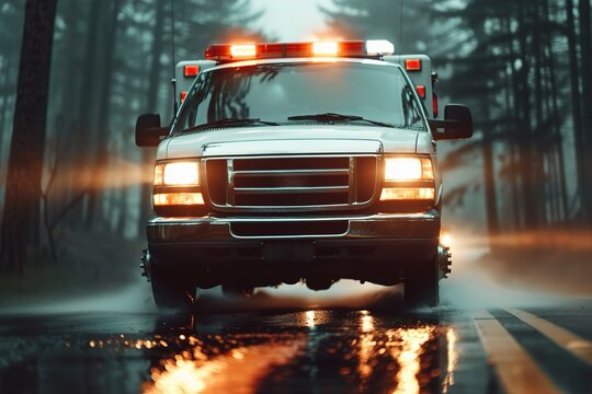 A silver ambulance with flashing lights drives through a foggy, rain-soaked road, creating a dramatic scene. - Powered by Adobe