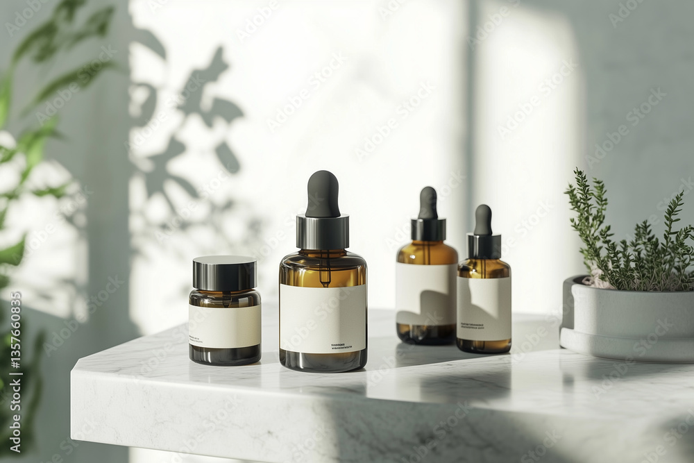 Poster row of four bottles of perfume are displayed on a counter. the bottles are all different colors and 