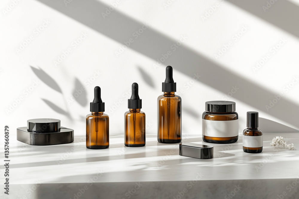 Poster collection of bottles and vials of various sizes and shapes are arranged on a table. the bottles and