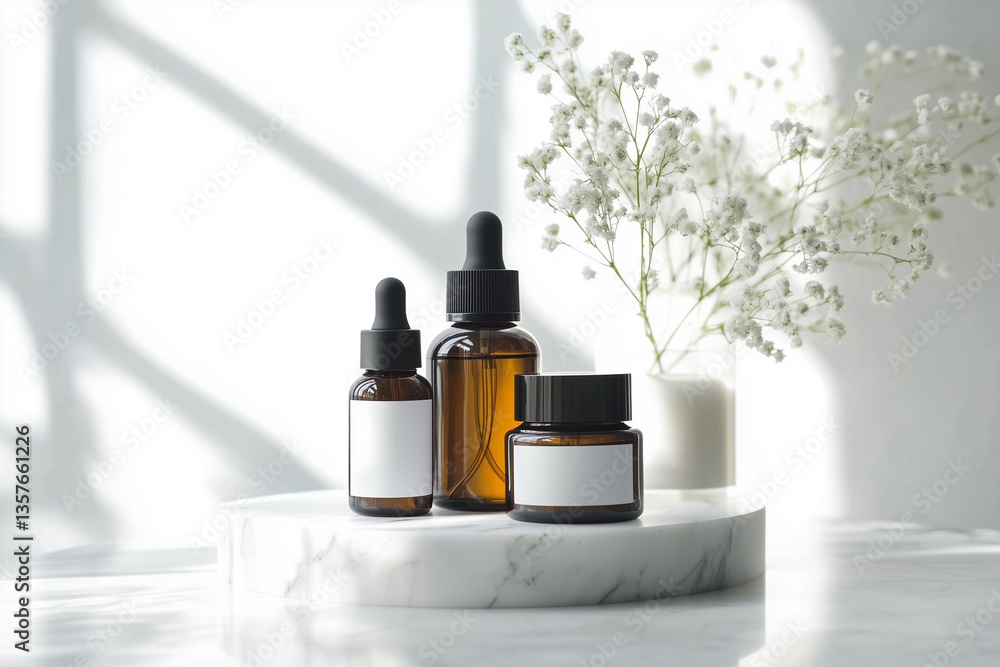 Aufkleber three bottles of perfume are displayed on a marble countertop. the bottles are arranged in a row, wi