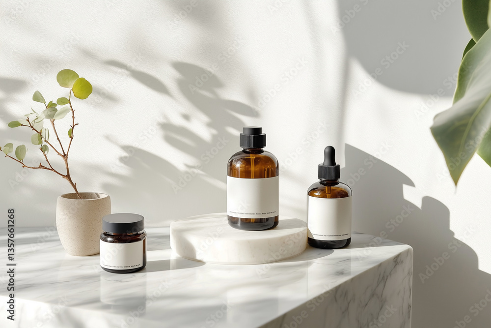Poster three bottles of perfume are displayed on a white marble countertop. the bottles are arranged in a r