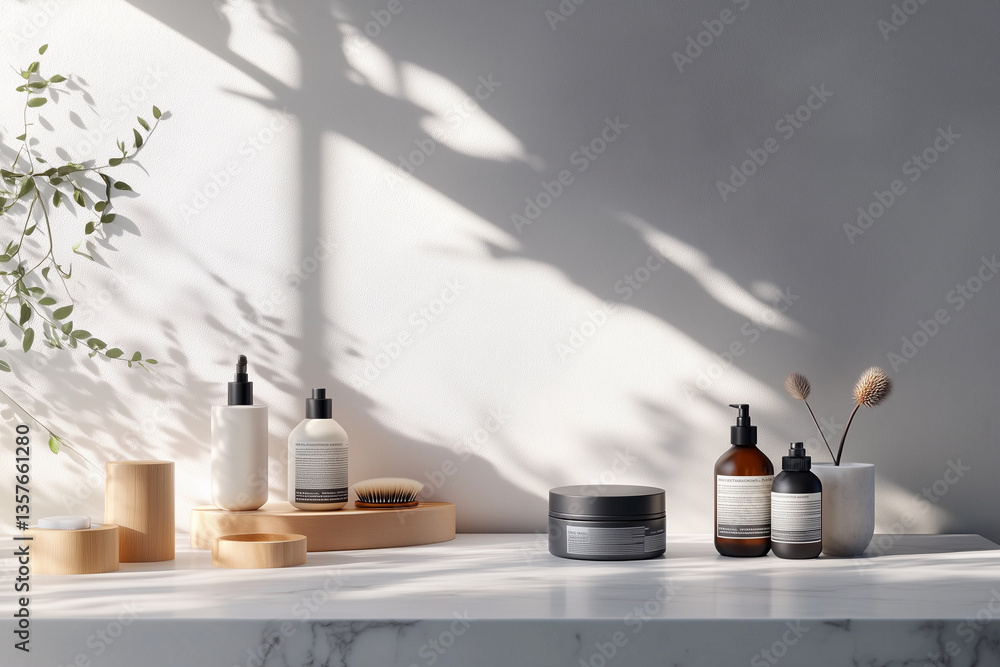 Poster white counter with a few bottles of lotion and a jar of cream. the bottles are arranged in a row and