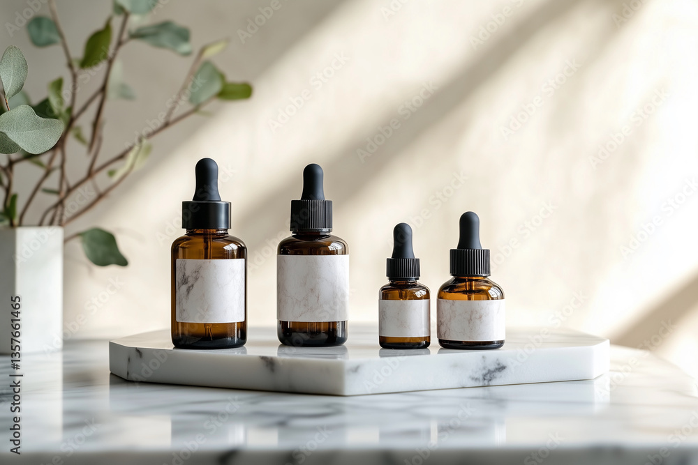 Poster four bottles of perfume are lined up on a marble countertop. the bottles are all different sizes and