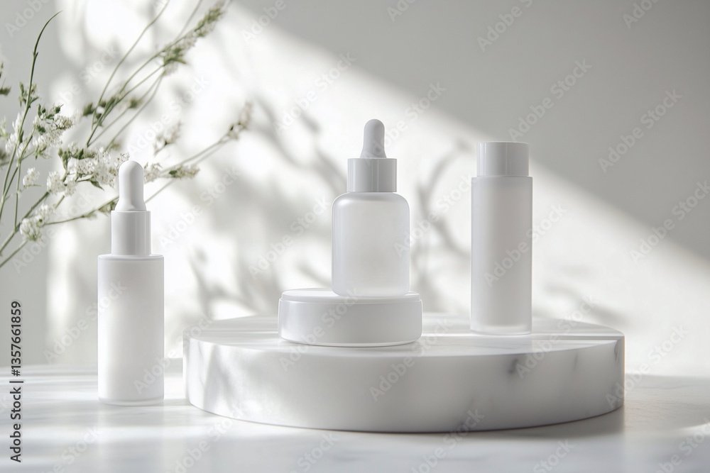 Aufkleber three bottles of perfume are displayed on a white marble pedestal. the bottles are all different siz