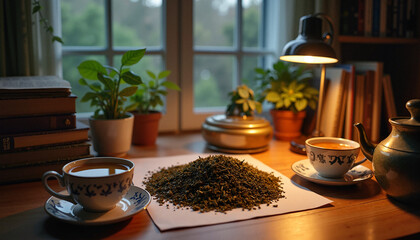 Herbal tea setup with medicinal herbs on a wooden table  