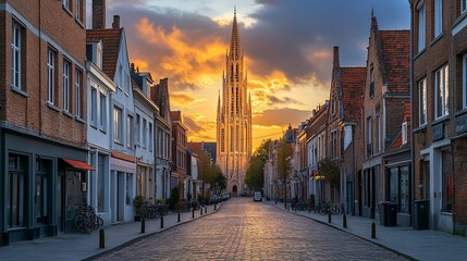 Fototapeta premium European Town Street at Golden Hour