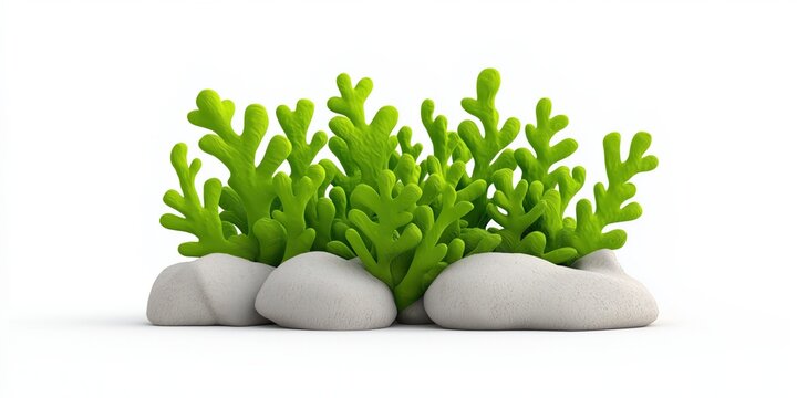 Green underwater vegetation with rocks on a white background  